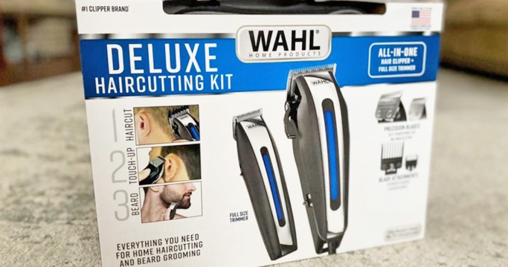 white and blue box for the Wahl deluxe hair cutting kit sitting on carpet