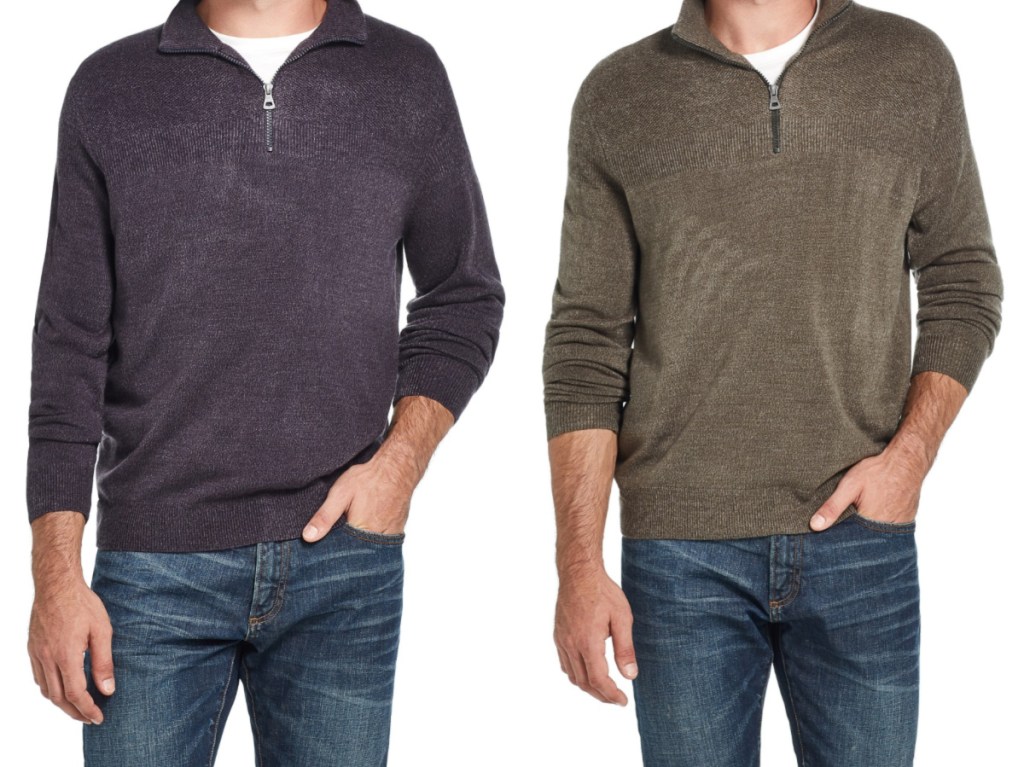 man in dark grey/purple sweater and man in olive green sweater