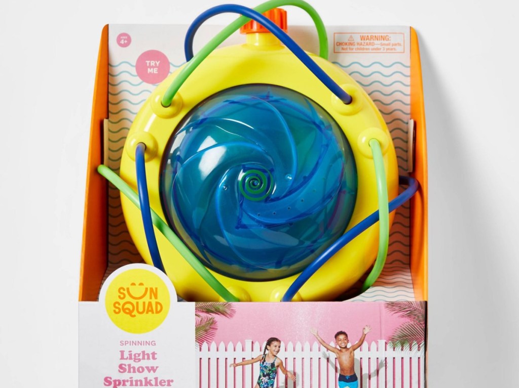 small blue, green, and yellow light up sprinkler machine