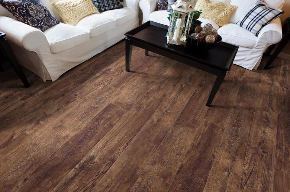 living room with wood tile floors