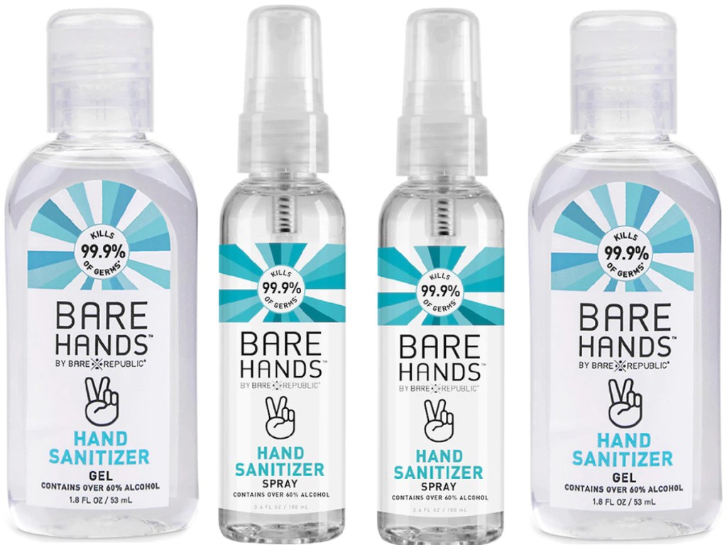 two bottles of bare hands hand sanitizer spray and two bottles of gel