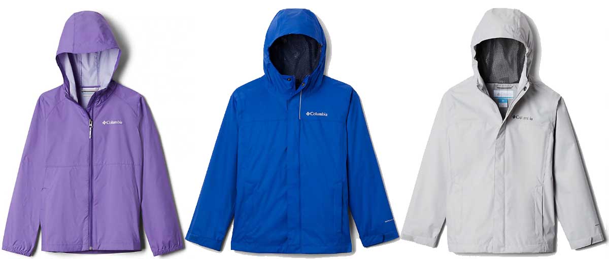 kids rain jackets in three colors purple blue and gray