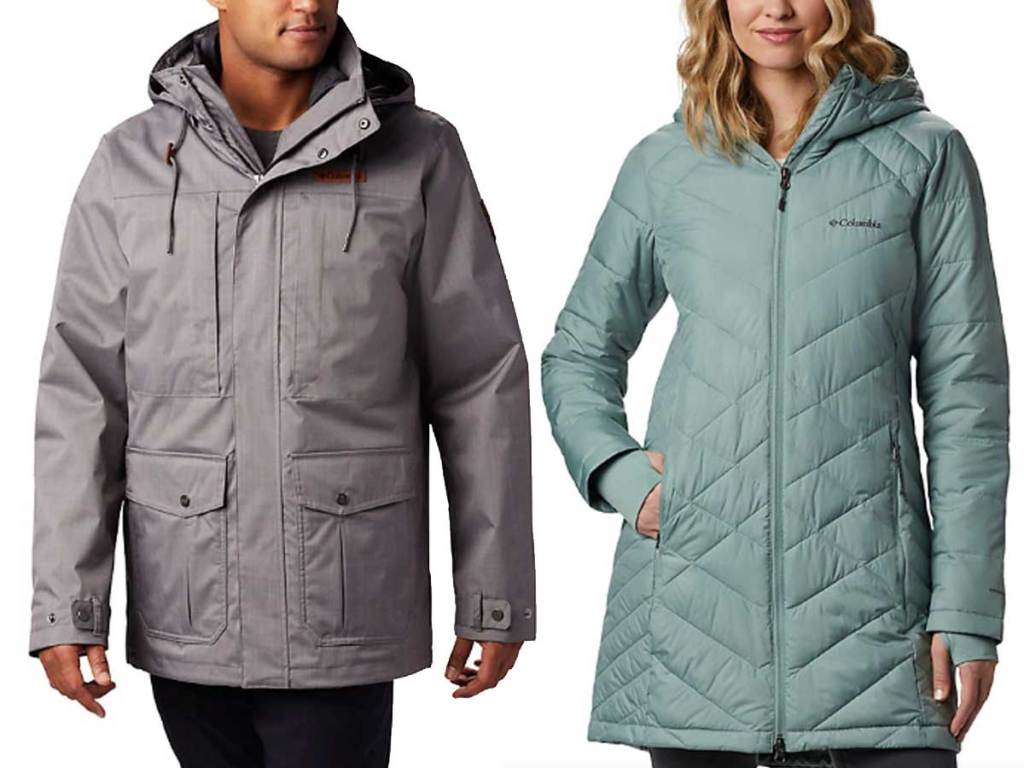 men and women winter rain jackets in gray and mint green