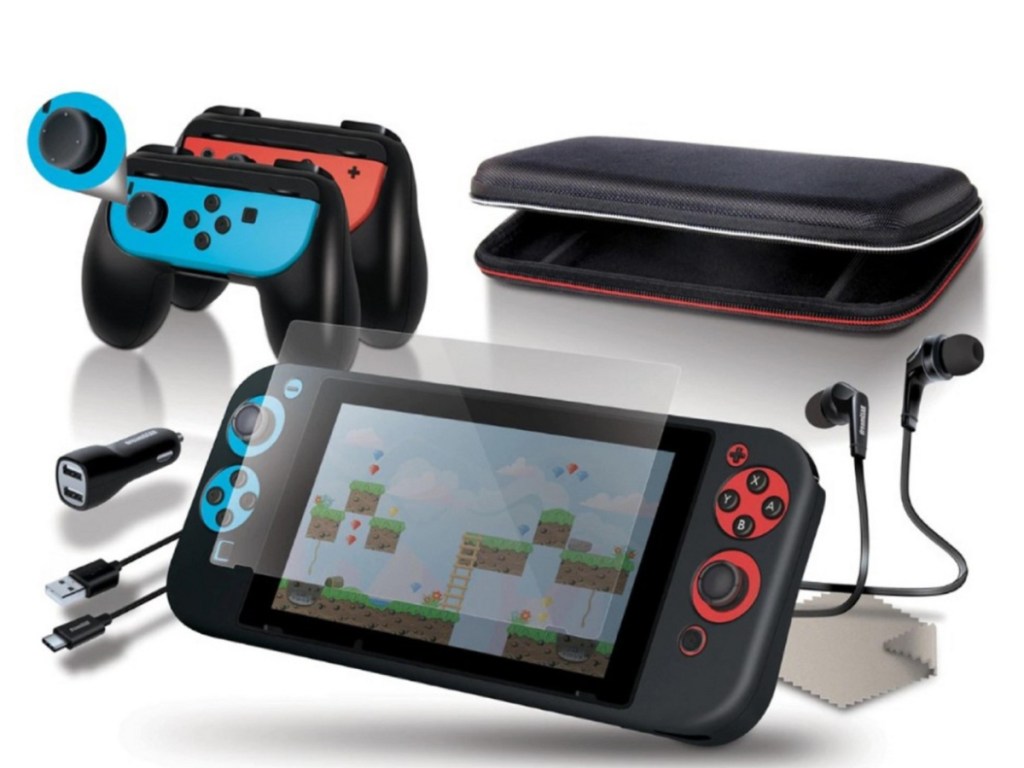 black handheld gaming console case with accessories