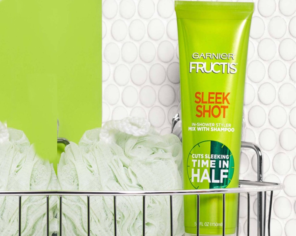 garnier sleek shot in shower with shower basket and loofa