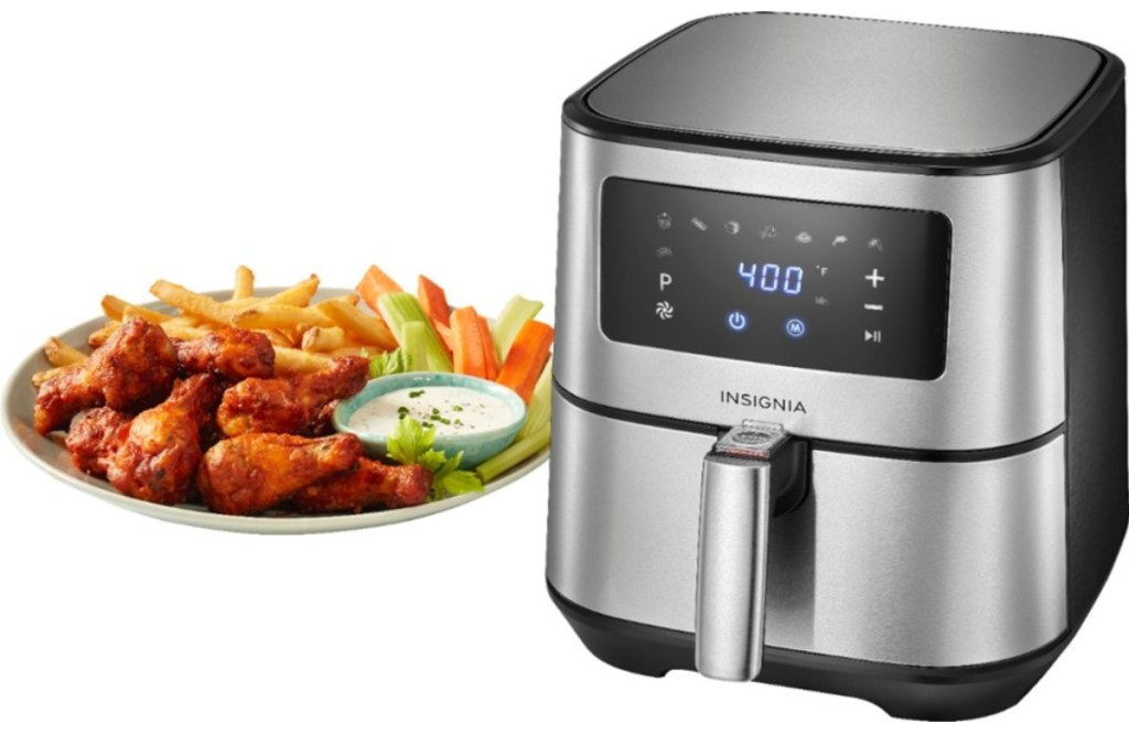 insigina 5-quart digital air fryer next to plate of chiceken