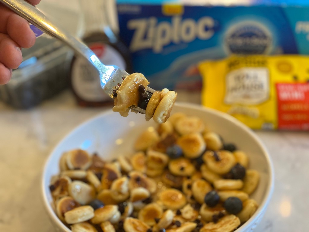 pancake cereal on fork 