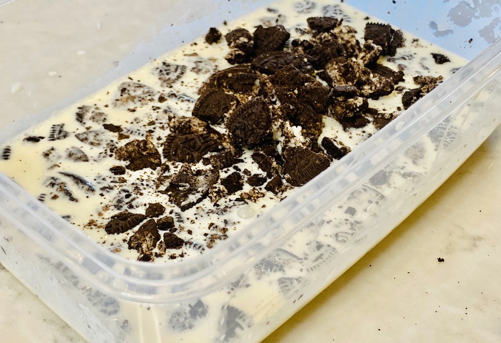 oreo pieces in no-churn ice cream mix