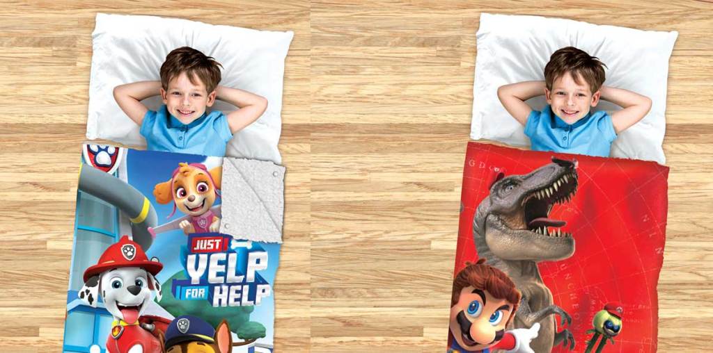 kids sleeping in paw patrol and mario bros sleeping bags