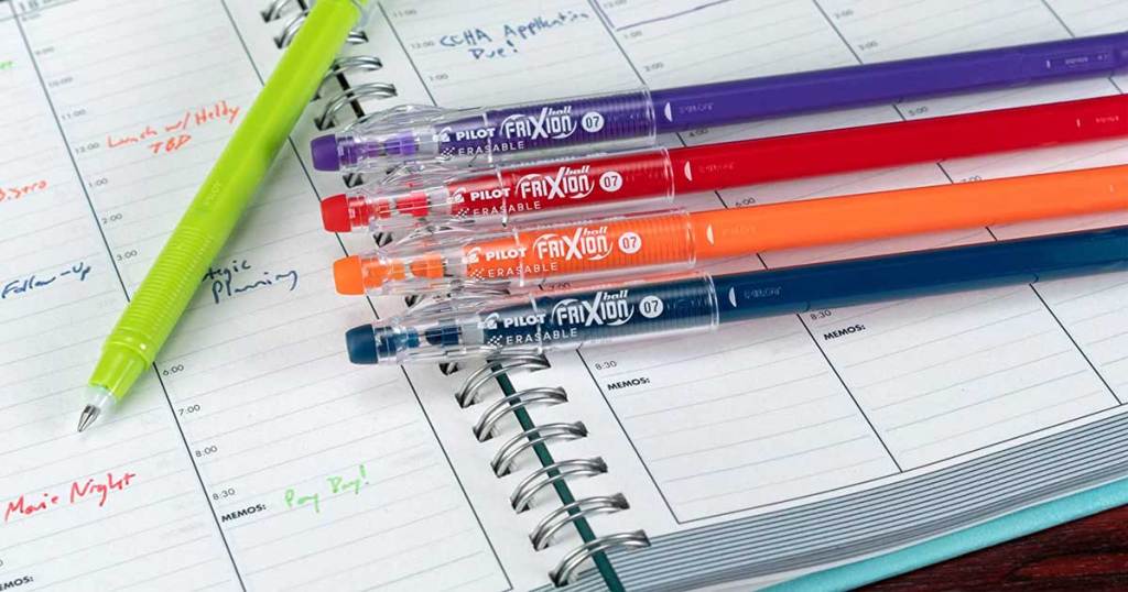 pilot pens on a planner 