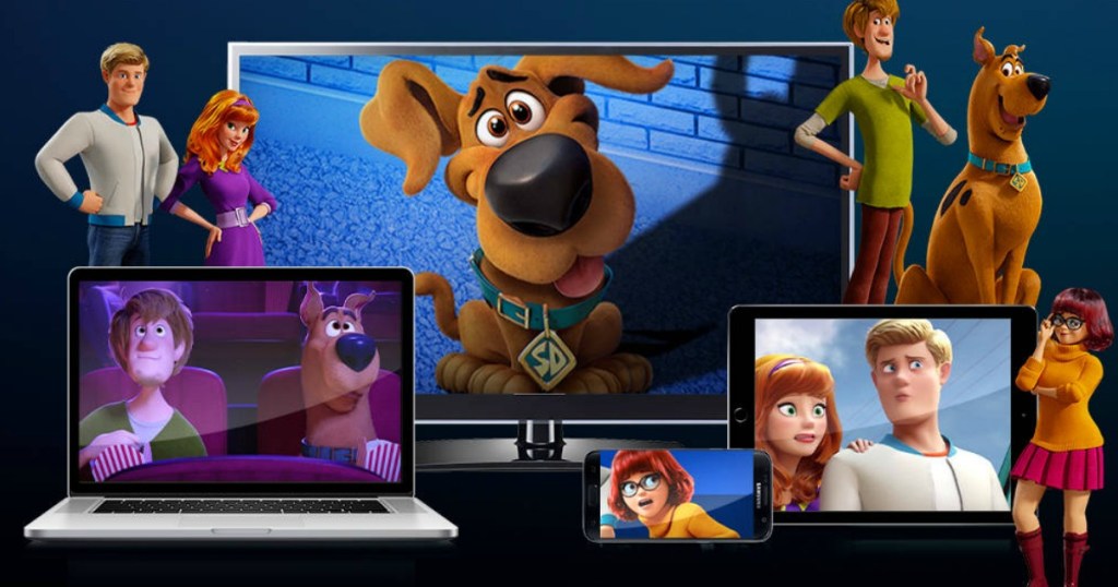 computer, tv, tablet and phone screens showing scoob movie