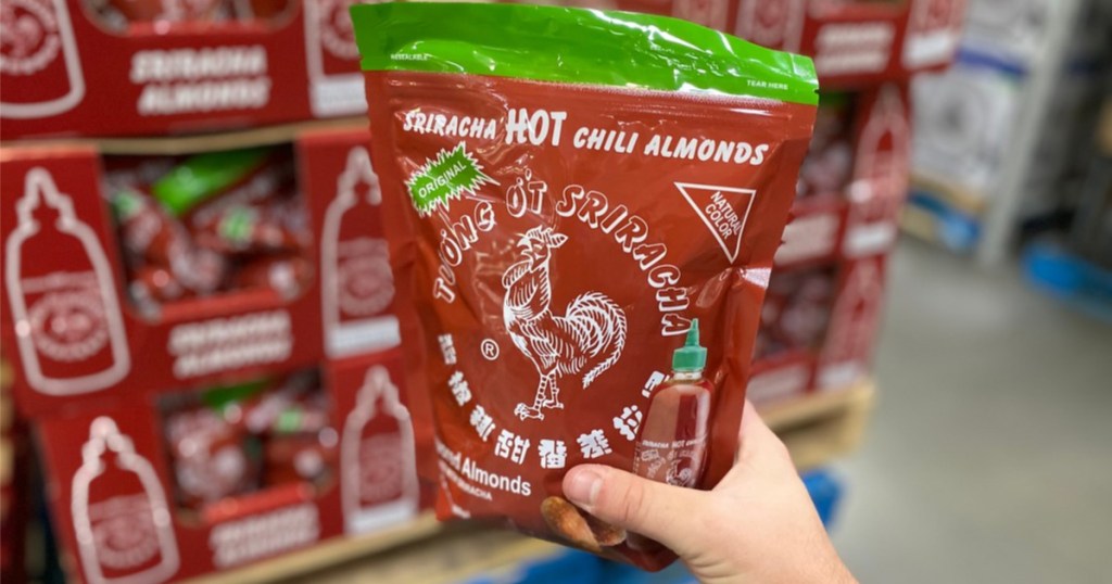 holding huy fong sriracha almonds at sams club