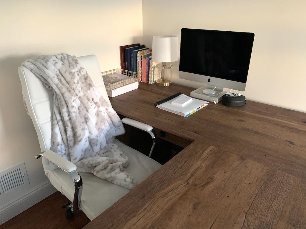 white office chair with wood desk 