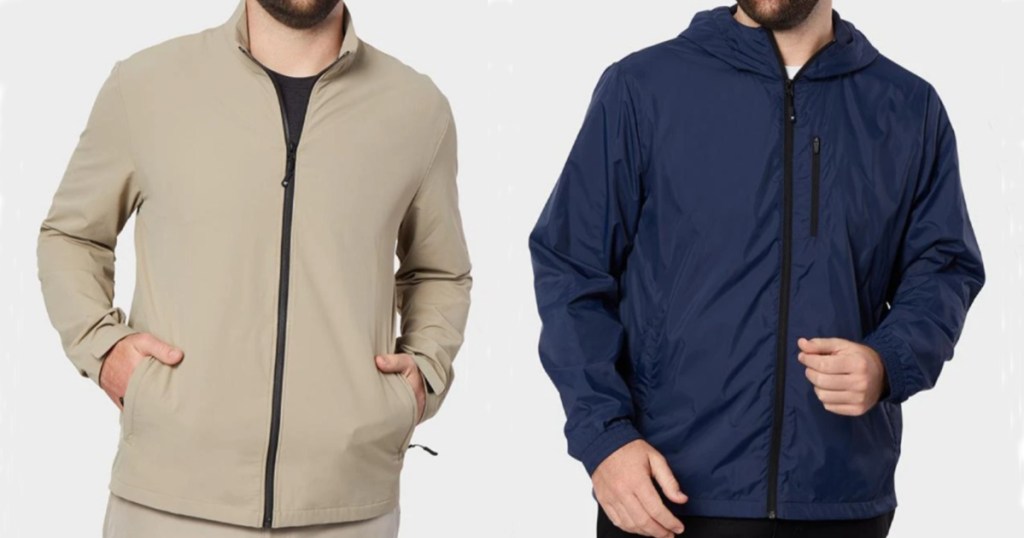 2 men wearing tan nd navy blue lightweight jacket