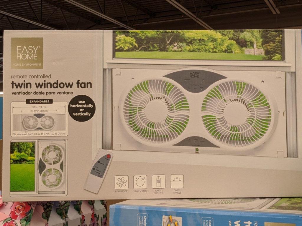 twin window fan in a box sitting on a store shelf