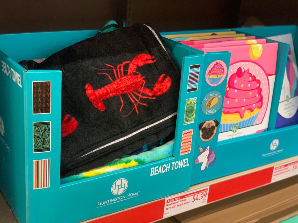 Huntington Beach towels in ALDI box