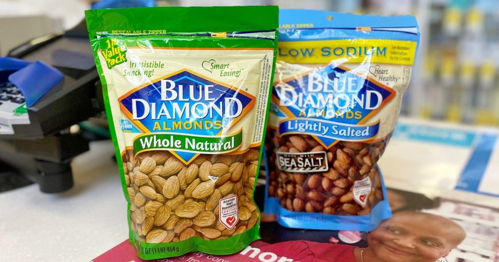 two bags of blue diamond almonds sitting on checkout counter of store