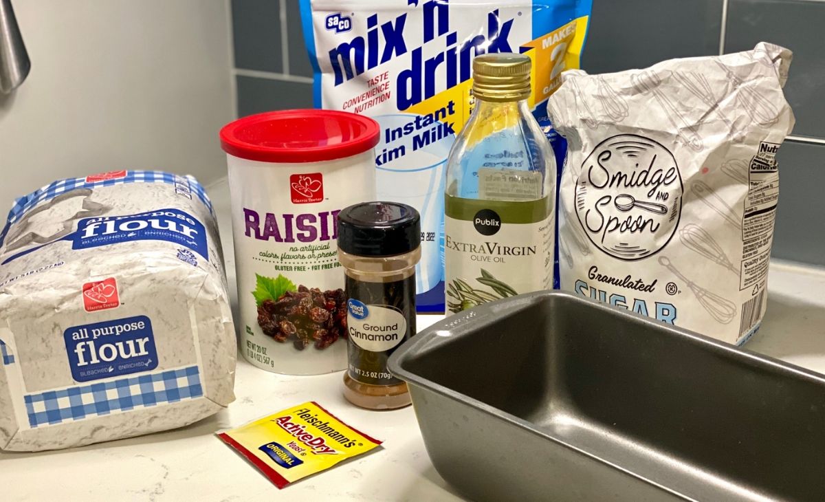 Homemade bread ingredients on a kitchen counter