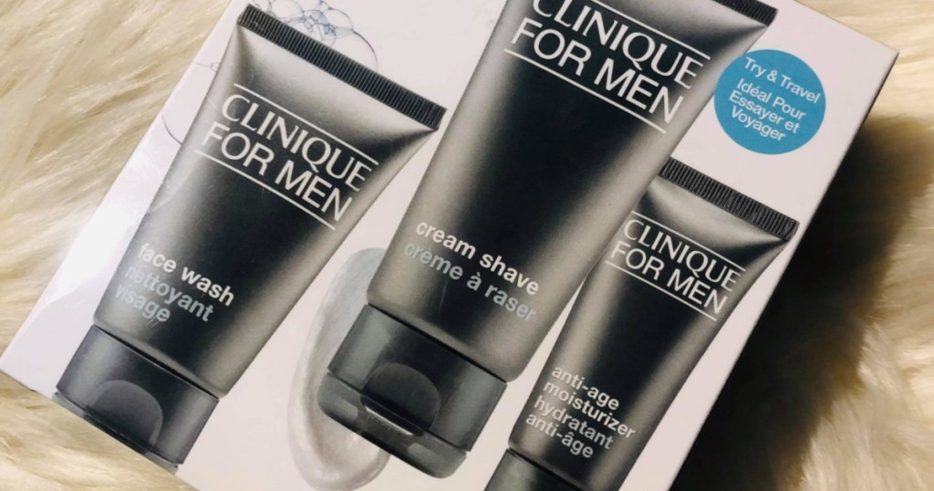 three piece men's skincare set in box on fur