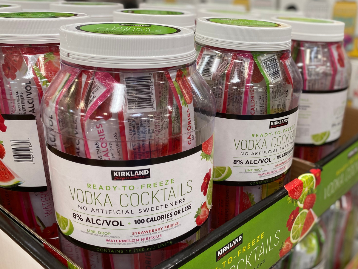 tubs of vodka cocktail pops stacked in store