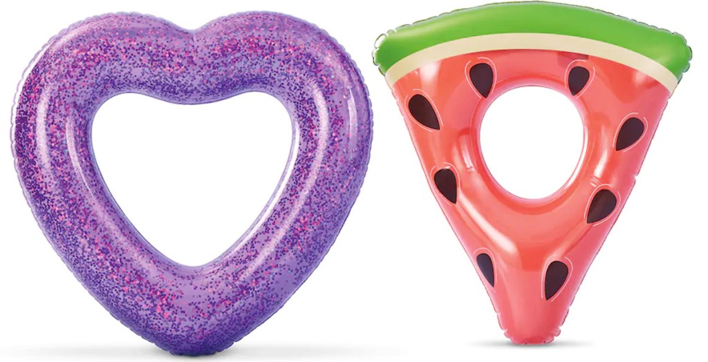 purple glitter heart shaped pool tube and watermelon slice pool tube