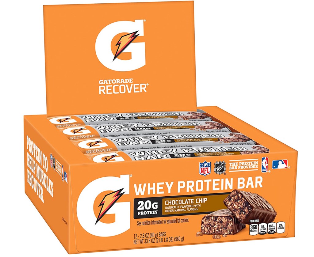 orange box of gatorade whey protein bars in silver wrappers