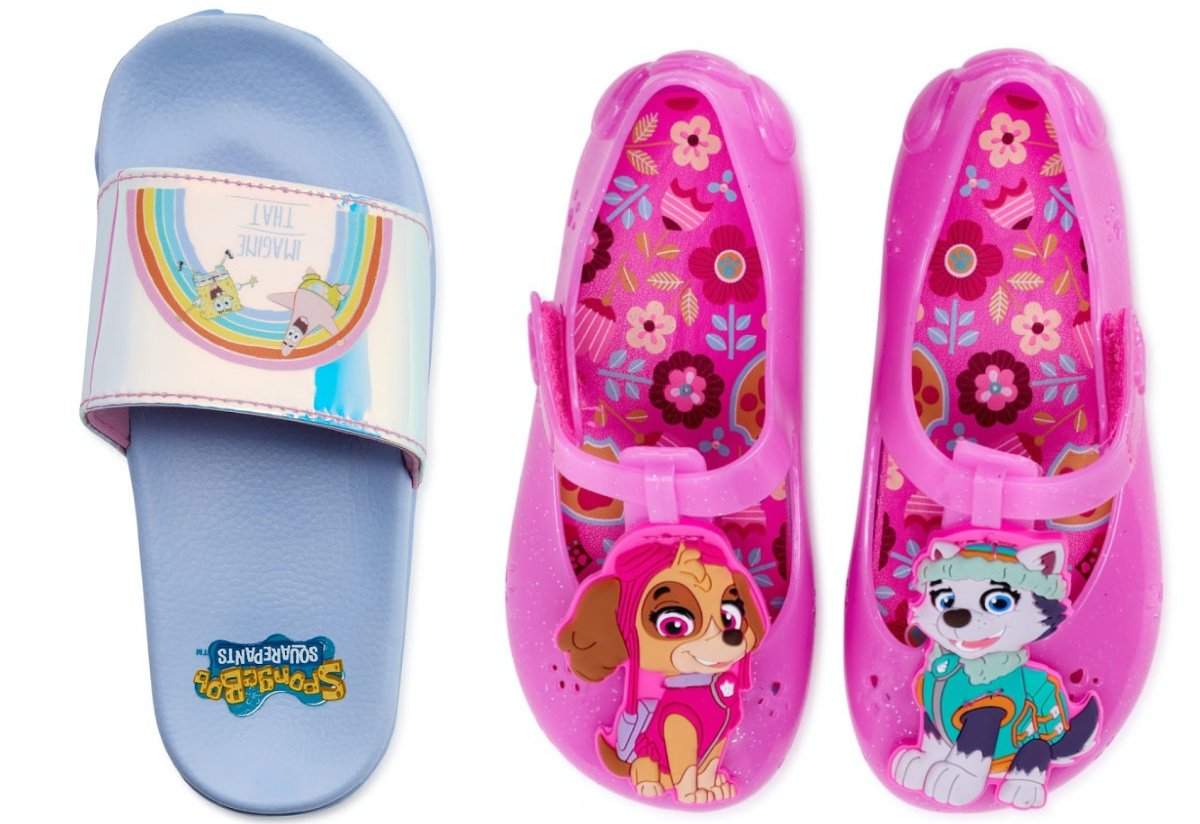 girls pink Paw Patrol jelly sandals and girls blue Spongebob slides