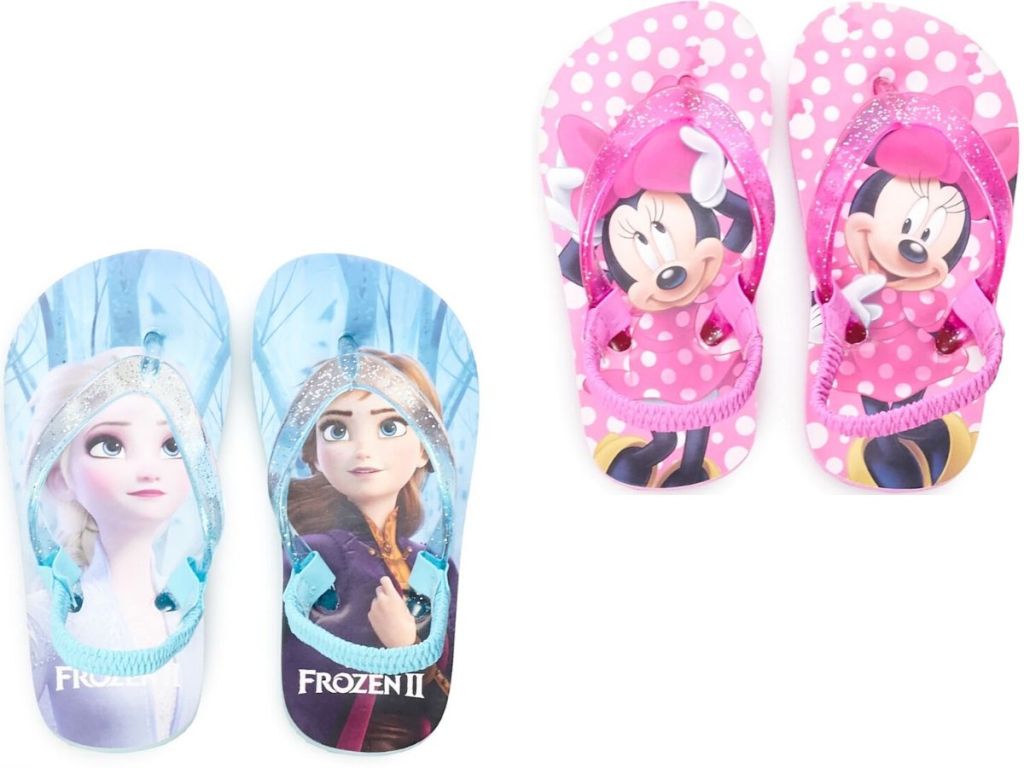 two pairs of disney flip flops