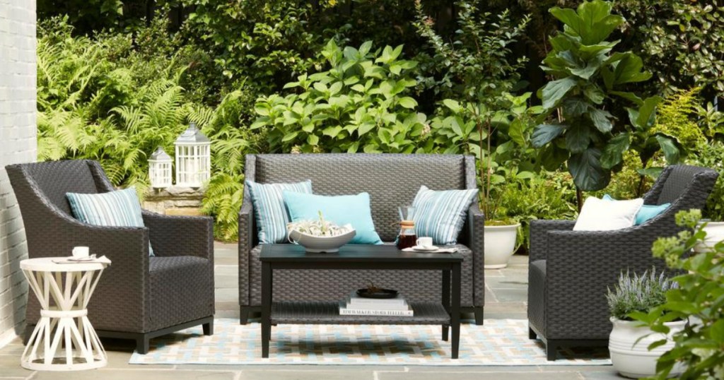 Hampton Bay Bainbridge 4-Piece Wicker Patio Conversation Set on deck