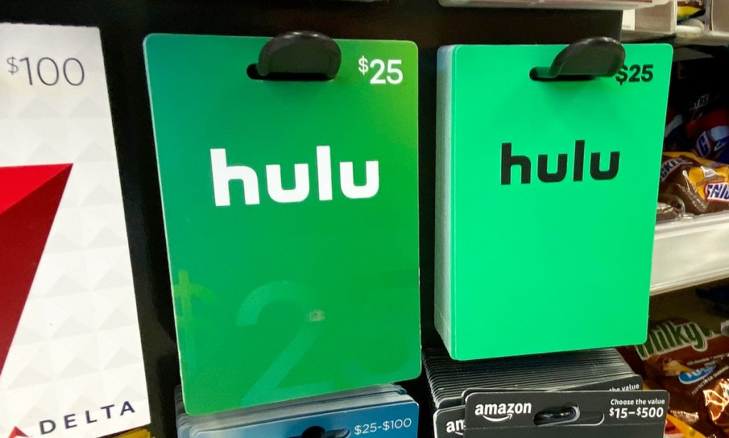 gift card display rack with green hulu gift cards