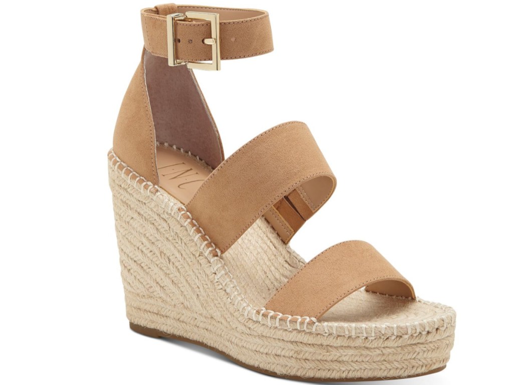 brown open-toed sandal with ankle buckle strap and wedge heel