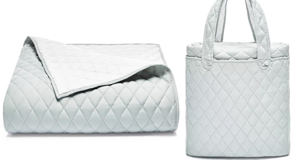 light grey quilt with matching tote bag