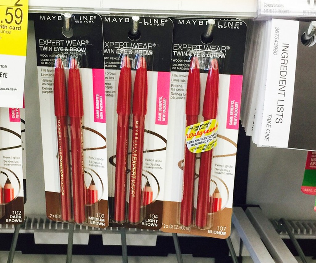 store display of red 2-packs of maybelline brow pencils