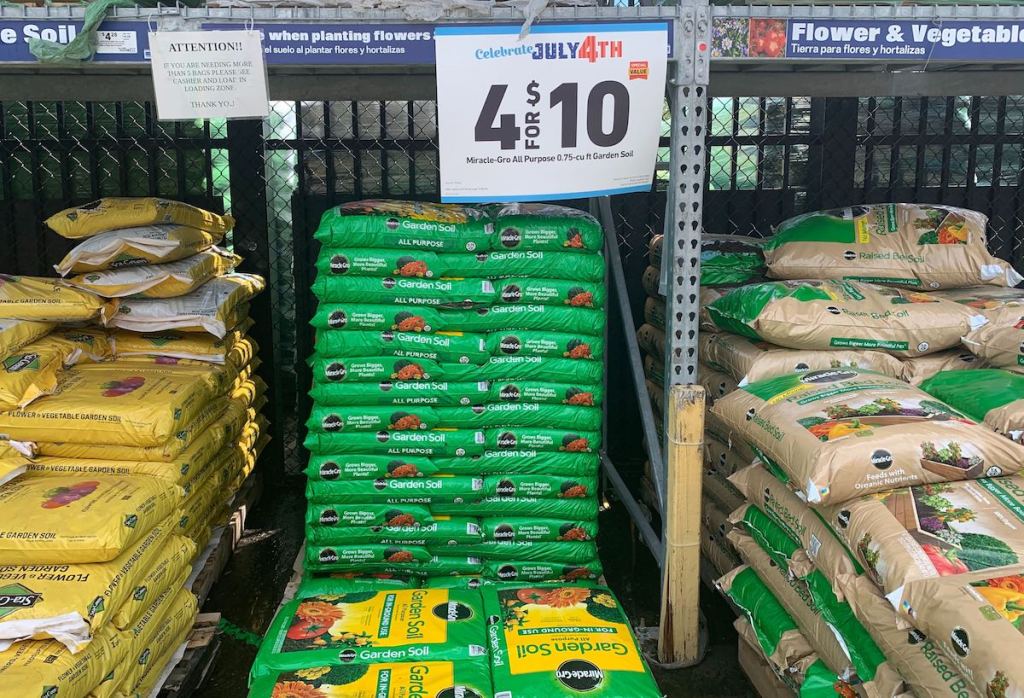 piles of Miracle-Gro garden soil at Lowe's