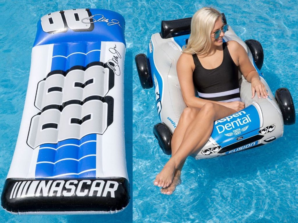 two pool floats in pool with woman on one of them