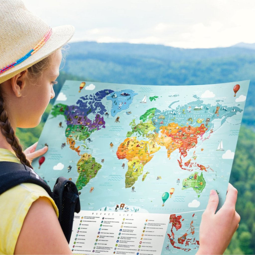 little girl holding Newverest Trek Scratcher of the World