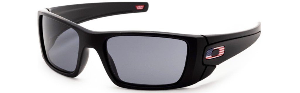 black oakley sunglasses with oakley logo in american flag print on side