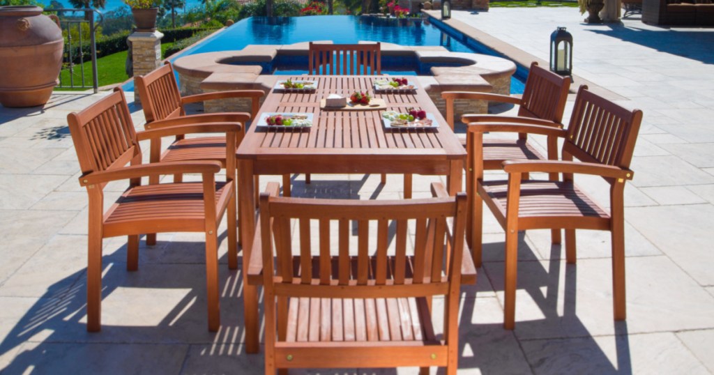 Wooden Outdoor Table and Chairs on a patio 