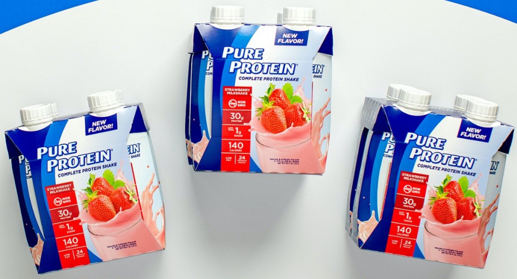 three 4-packs of strawberry protein shakes