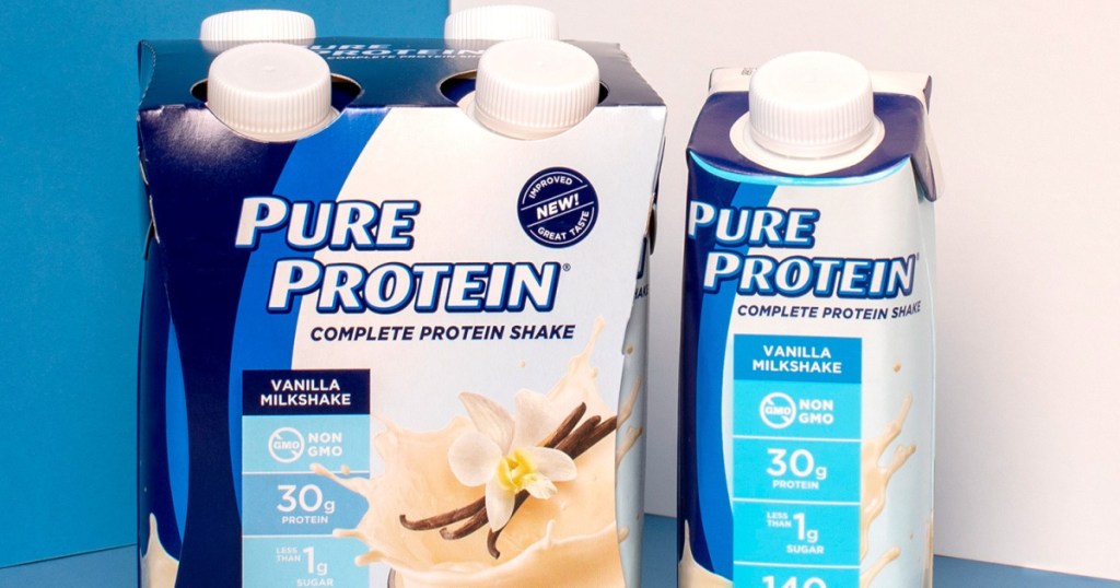 pack of vanilla protein shakes and one shake next to it