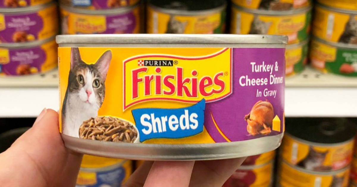 person holding a yellow and purple can of purina friskies wet cat food