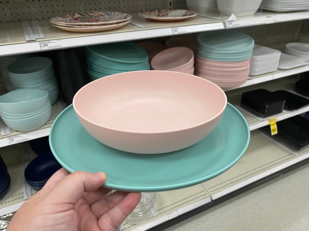 pink bowl and teal plate Room Essentials Plastic Dishes