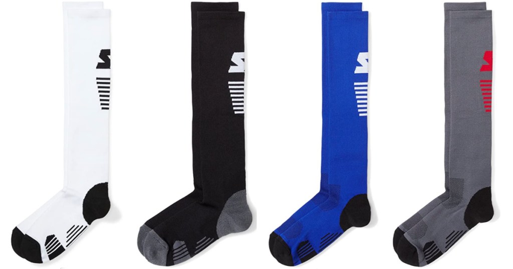 white, black, blue, and grey Starter Compression Socks