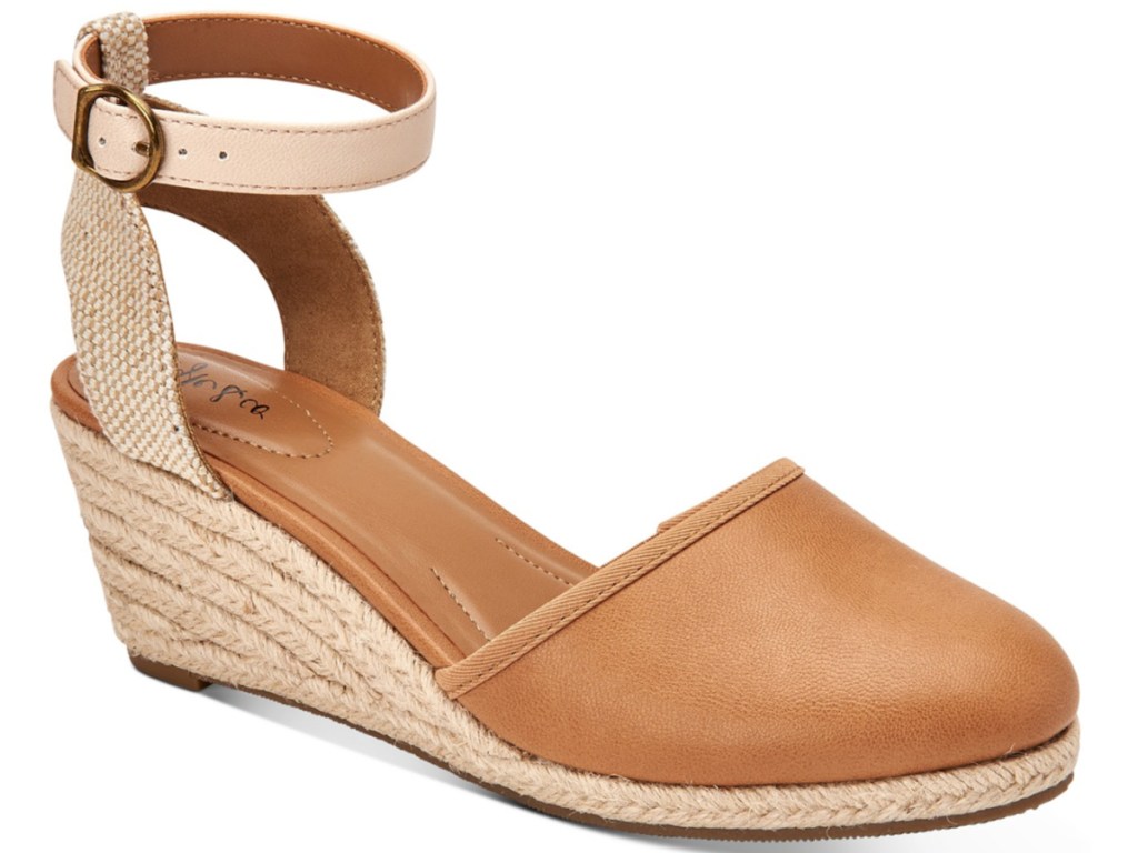 brown sandals with buckle ankle strap and wedge heel