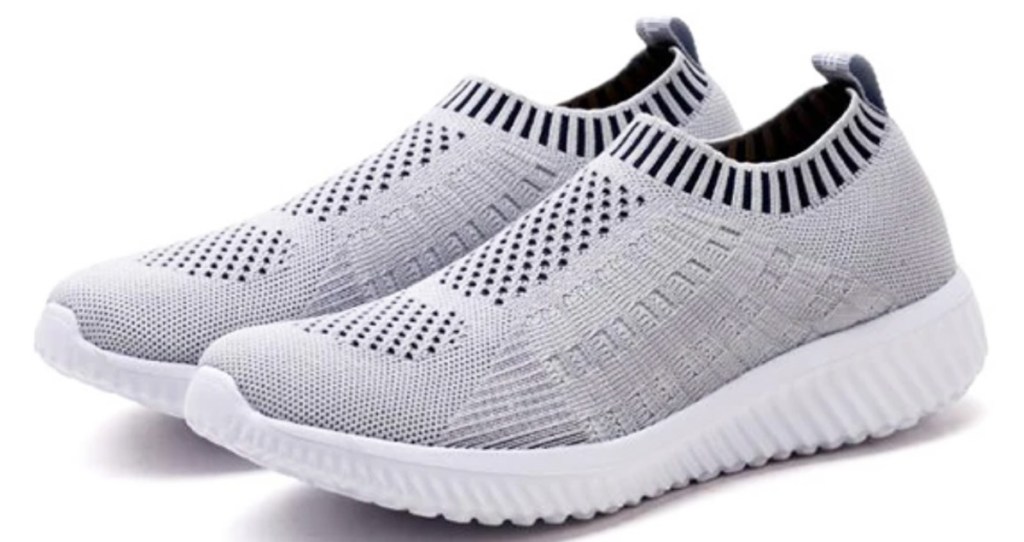 light grey pair of slip on shoes with white soles