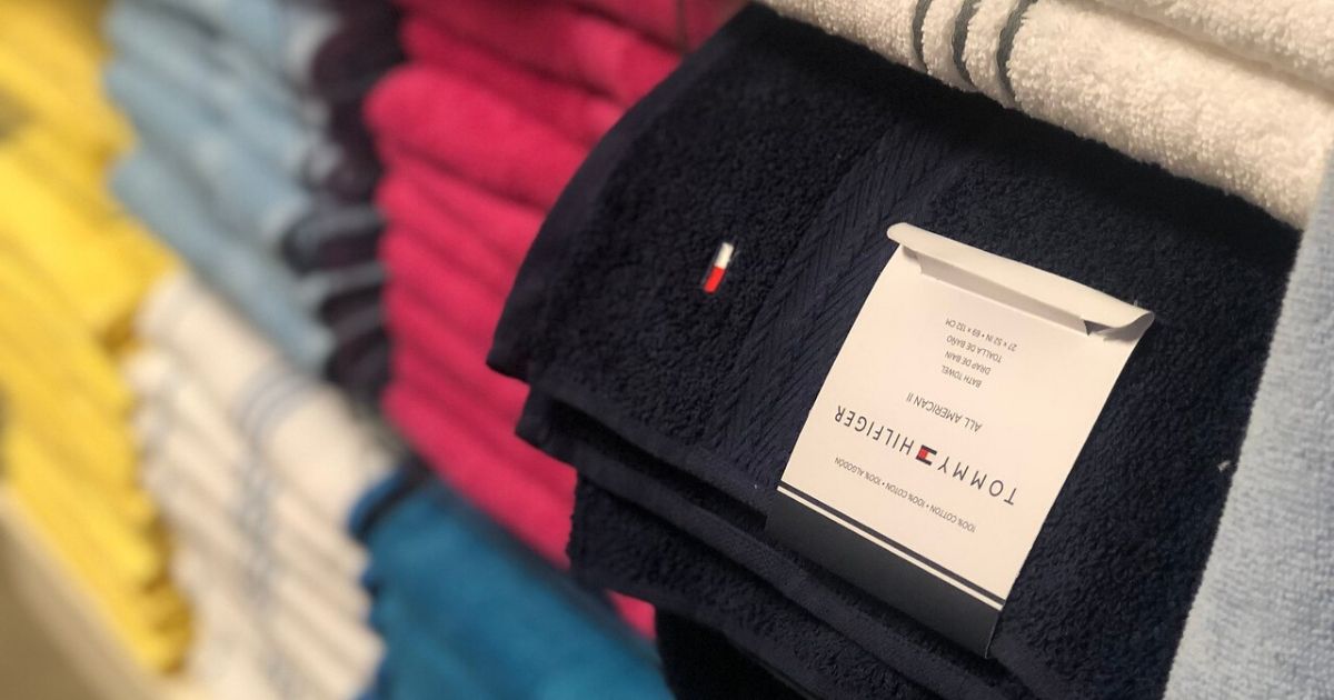 solid color towels on display in store