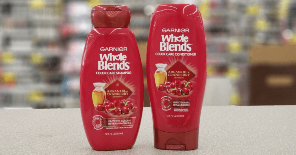 garnier whole belnds shampoo and conditioner magenta bottles