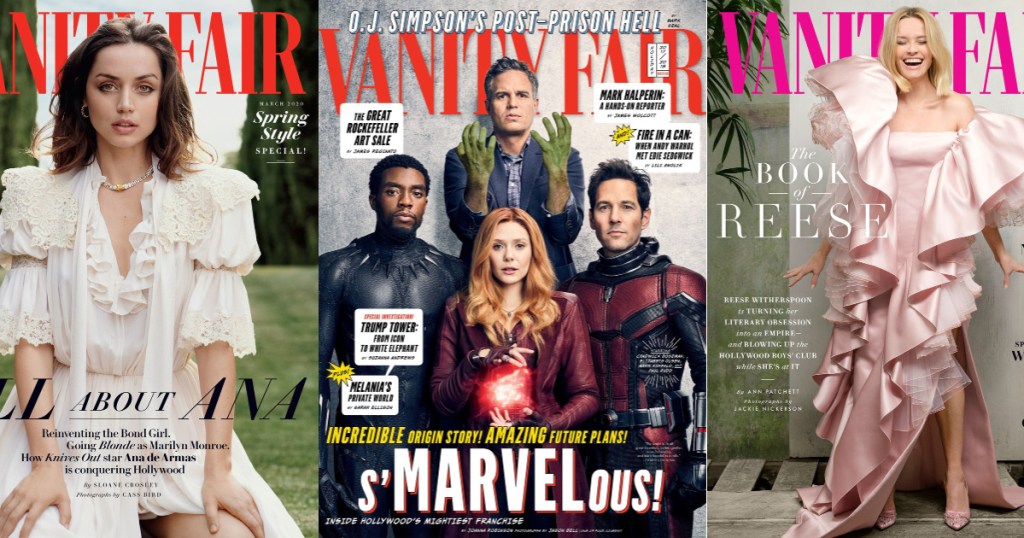 3 vanity fair magazine covers sitting side by side