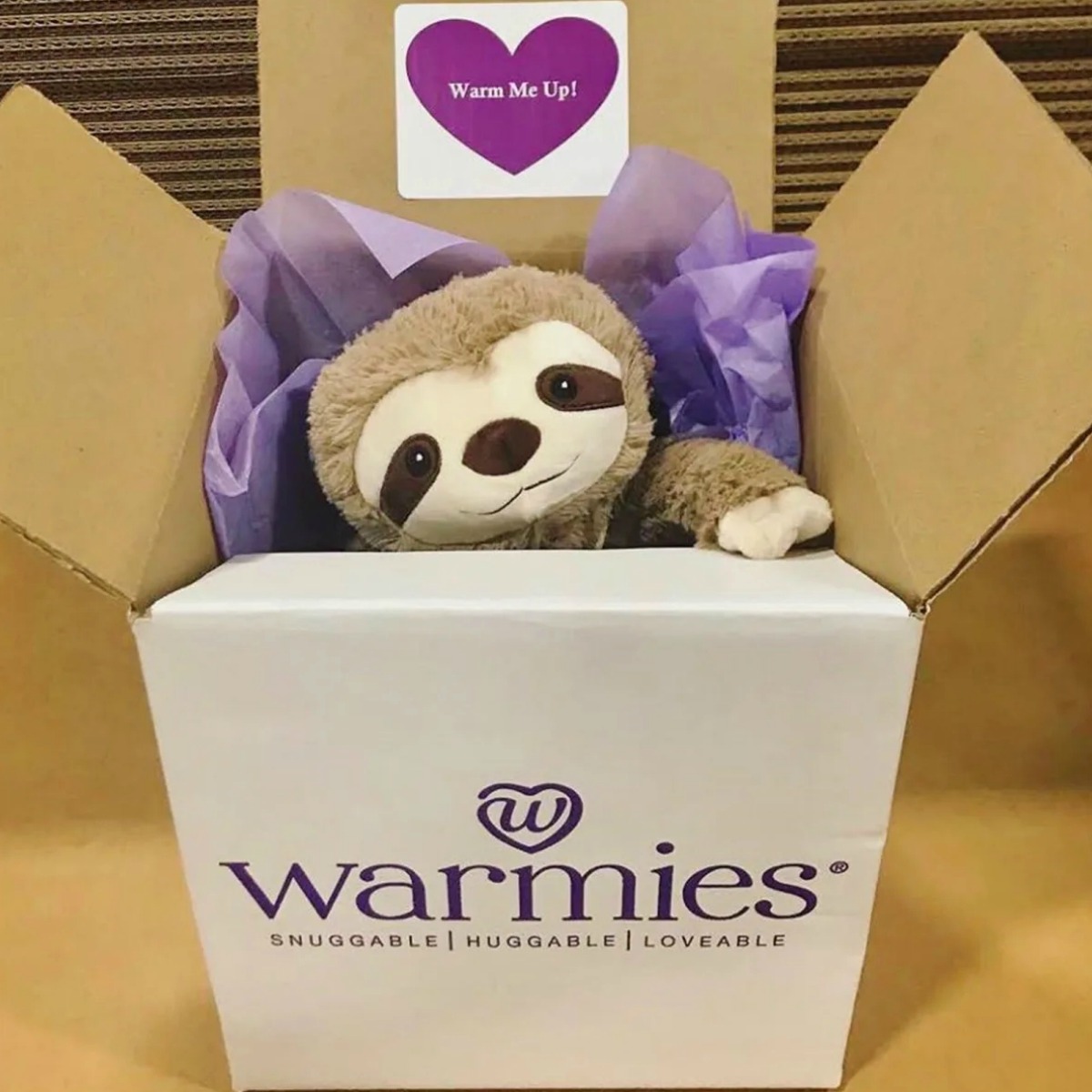 Plush sloth in a large shipping box with purple tissue paper