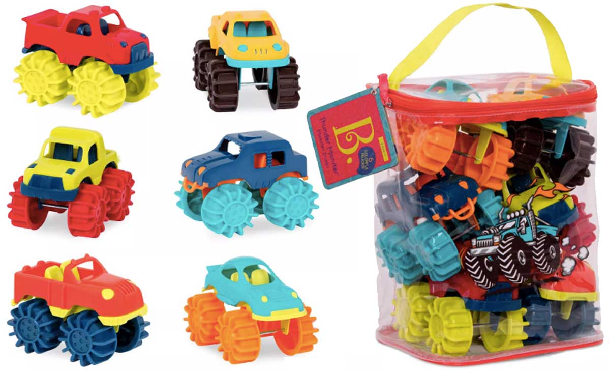 stock image of monster trucks and the bag they come in